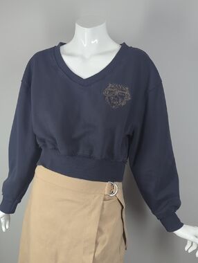 Vans Black Cropped V-Neck Sweatshirt with Crest Logo Xs